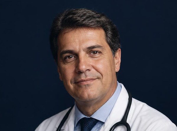 Médico em videochamada olhando para a câmera