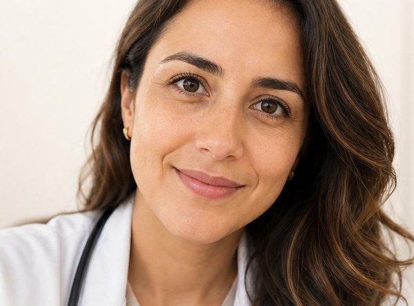 Médica em videochamada olhando para a câmera